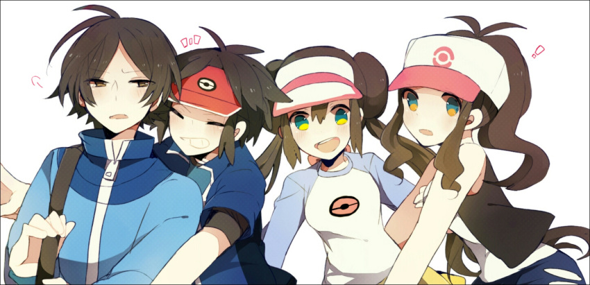 !, arm_grab, bag, baseball_cap, blue_eyes, bow, brown_eyes, brown_hair, closed_eyes, denim, denim_shorts, double_bun, grin, hat, hug, kyouhei_(pokemon), long_hair, mei_(pokemon), meiji_(meeeeji), open_mouth, pokemon, pokemon_(game), pokemon_bw, pokemon_bw2, ponytail, short_hair, shorts, shoulder_bag, smile, touko_(pokemon), touya_(pokemon), twintails, vest, visor_cap, white_background