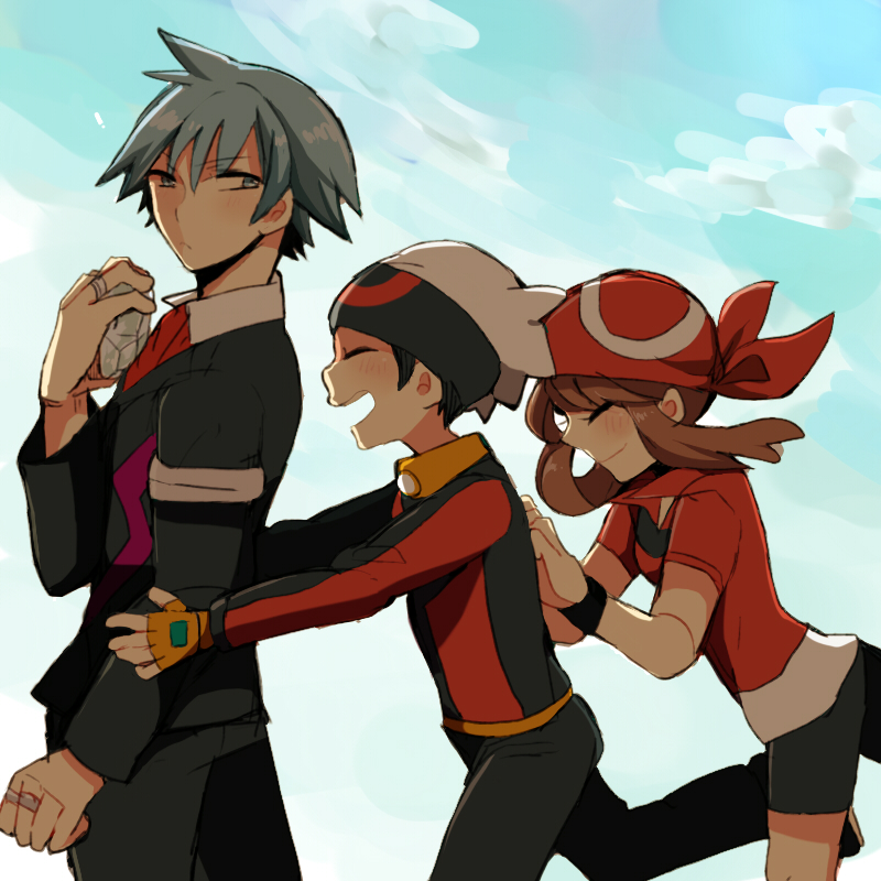 1girl, 2boys, bandana, bike_shorts, black_hair, blush, brown_hair, closed_eyes, diamond, fingerless_gloves, gloves, haruka_(pokemon), hug, hug_from_behind, jacket, long_hair, meiji_(meeeeji), multiple_boys, open_mouth, pokemon, pokemon_(game), pokemon_rse, short_hair, silver_hair, sky, tsuwabuki_daigo, yuuki_(pokemon)