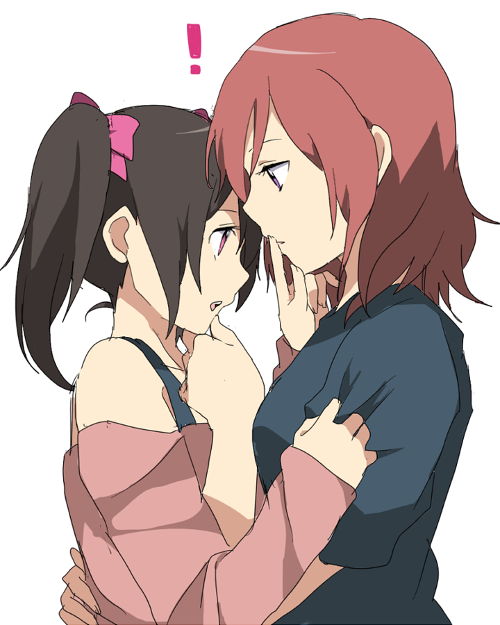 !, 2girls, black_hair, bow, chatubo, chin_hold, finger_to_mouth, hair_bow