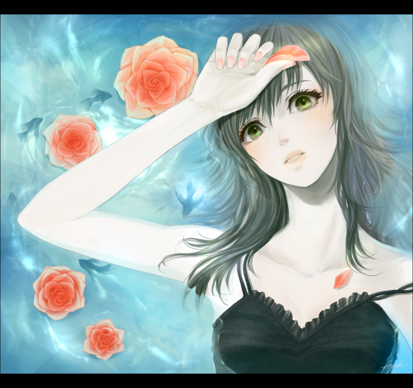 black_hair, dress, eyelashes, fingernails, fish, flower, green_eyes, hands