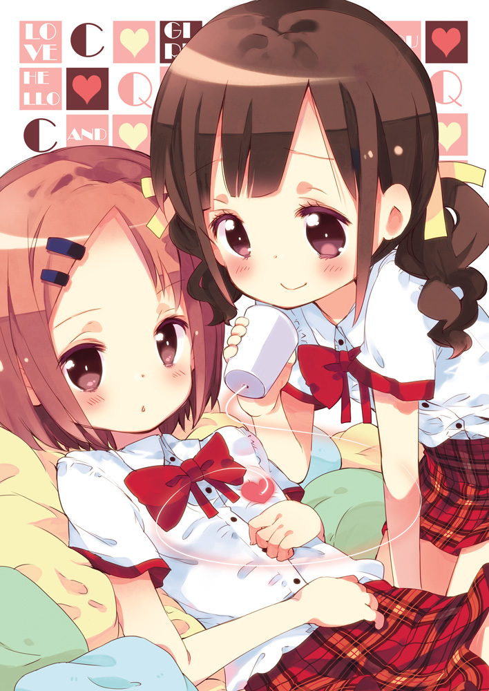 2girls, blush, bow, brown_hair, cup, hair_ribbon, heart, looking_at_viewer