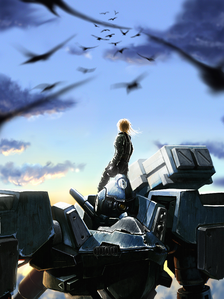 1840, armored_core, armored_core:_last_raven, bird, blonde_hair, blurry, clouds, depth_of_field