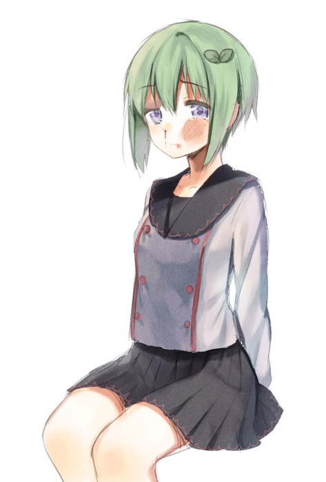 1girl, black_eye, blood, blue_eyes, bruise, character_request, domestic_violence, green_hair, injury, leaf_hair_ornament, midorikawa_you, nosebleed, school_uniform, short_hair, sitting, skirt, solo, tears