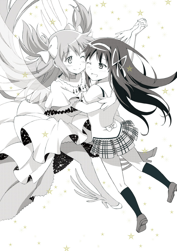 2girls, akemi_homura, ayukko_(forest_village), cheek-to-cheek, dress, gloves, goddess_madoka, hair_ribbon