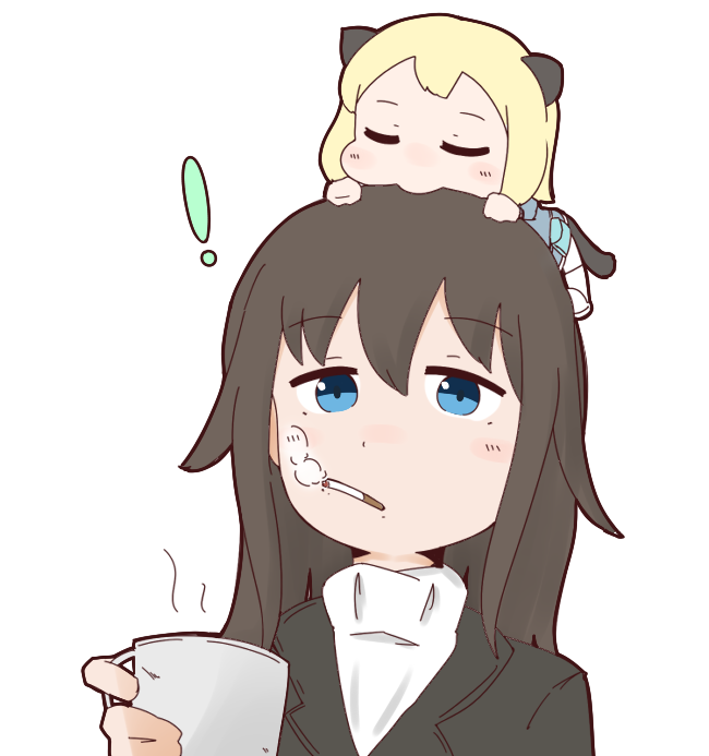 2girls, animal_ears, blue_eyes, blush, boots, chibi, cigarette, cup, elizabeth_f_beurling, elma_leivonen, erua, leather_jacket, military, military_uniform, mug, multiple_girls, pantyhose, ribbed_sweater, scarf, smoking, strike_witches, sweater, tail, uniform