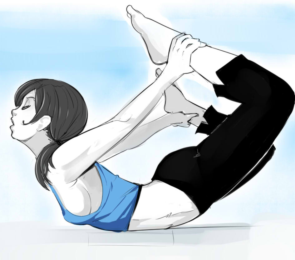 1girl, barefoot, breasts, capri_pants, closed_eyes, exercise, flexible, grey_hair