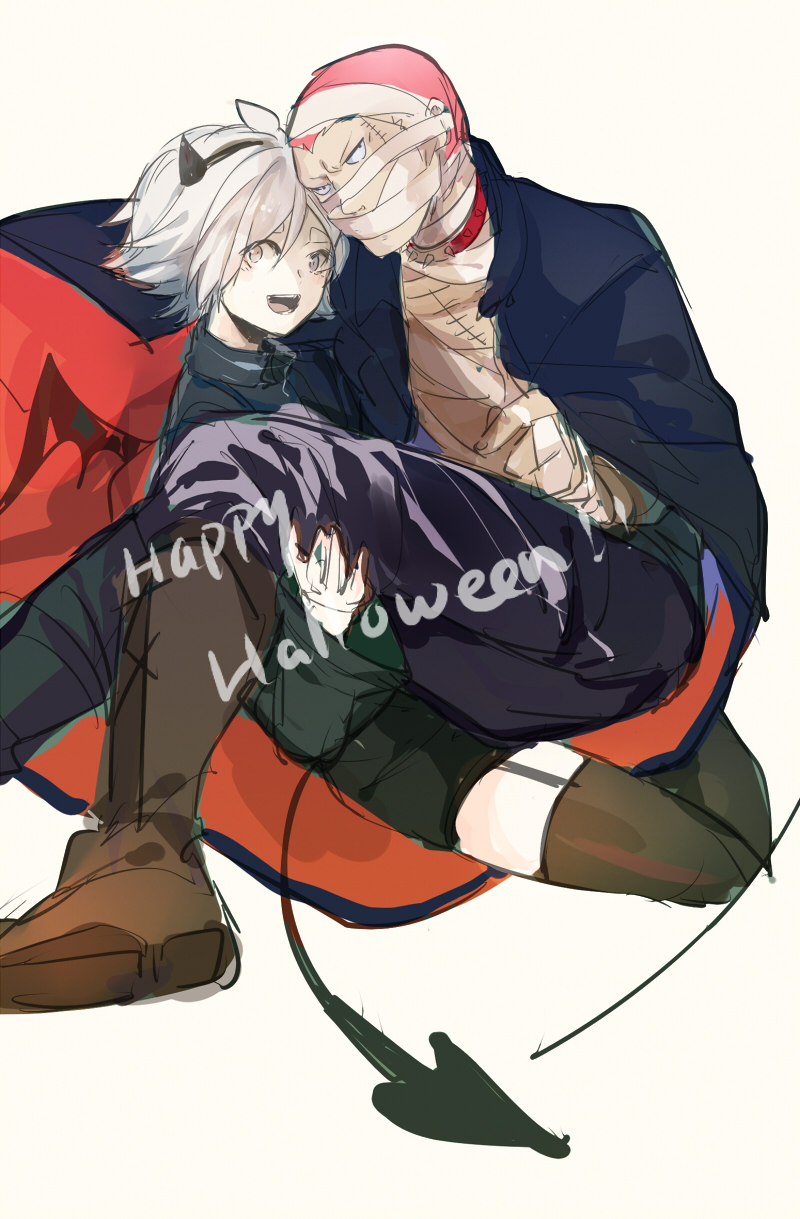 2boys, bandages, collar, dama_(akilay), demon_tail, fubuki_shirou, hairband, halloween
