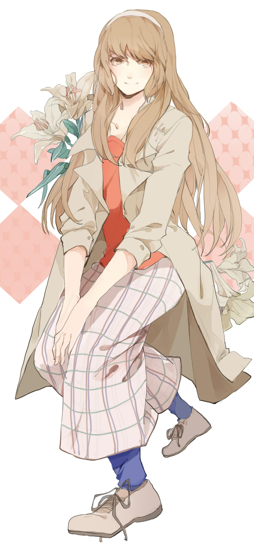 1girl, absurdres, adult, brown_eyes, brown_hair, dama_(akilay), flower, hairband