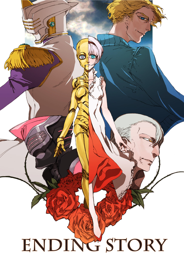 1girl, 3boys, android, blonde_hair, blue_eyes, blue_jacket, bomber_jacket, cis_(tiger_&amp;_bunny)