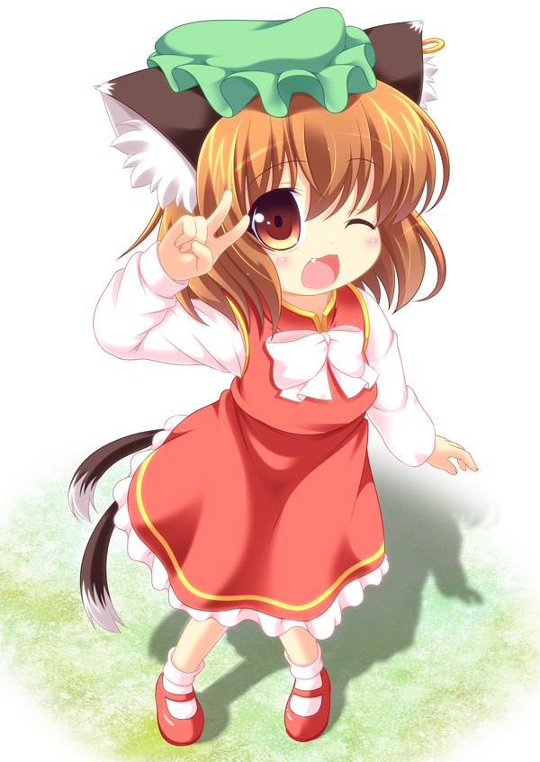 1girl, :3, animal_ears, brown_eyes, brown_hair, cat_ears, cat_tail, chen