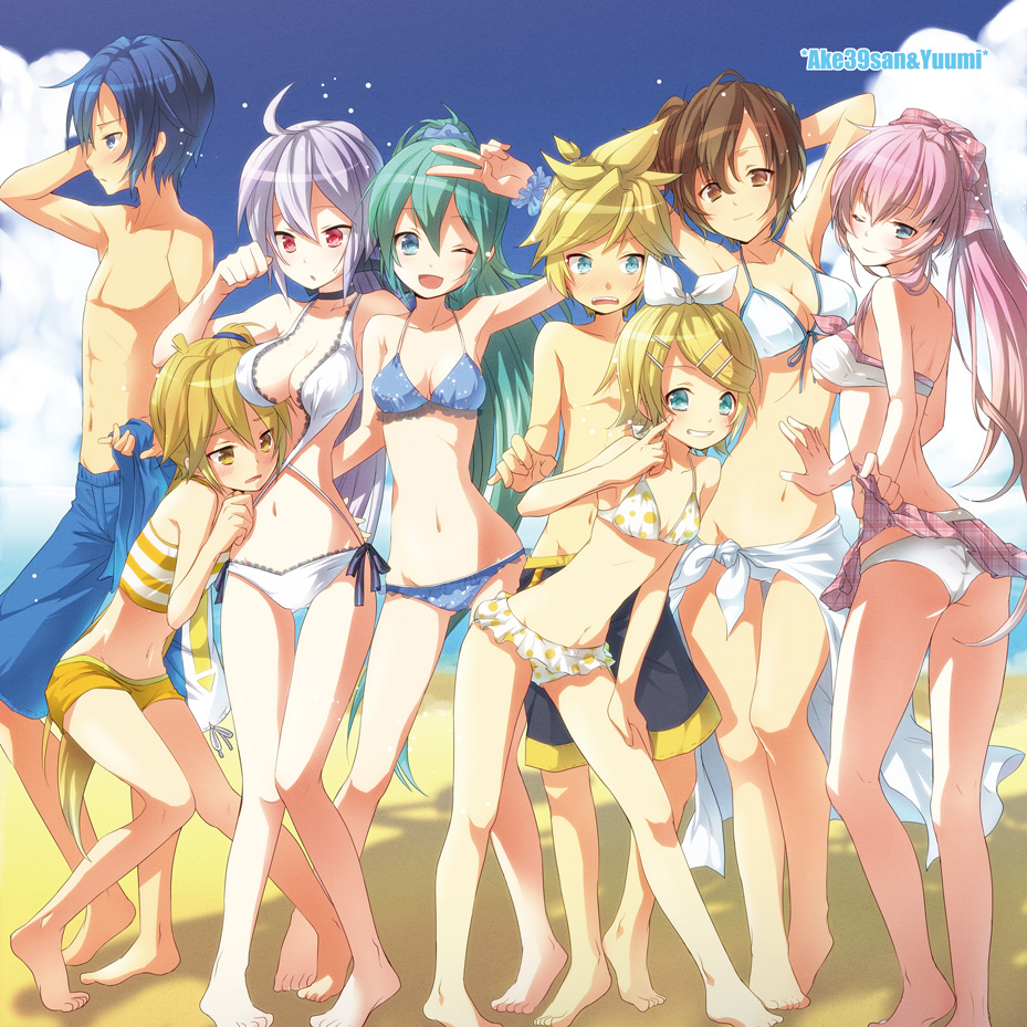 2boys, 6+girls, akita_neru, aqua_hair, arms_behind_head, ass, bare_legs, barefoot