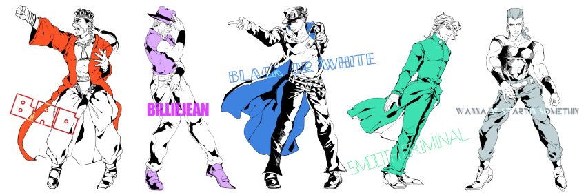 5boys, bad_(song), billie_jean, highres, jean_pierre_polnareff, jojo_no_kimyou_na_bouken, joseph_joestar, kakyouin_noriaki, kisaragiyuu, kuujou_joutarou, michael_jackson, mohammed_avdol, monochrome, multiple_boys, parody, posing, smooth_criminal, spot_color