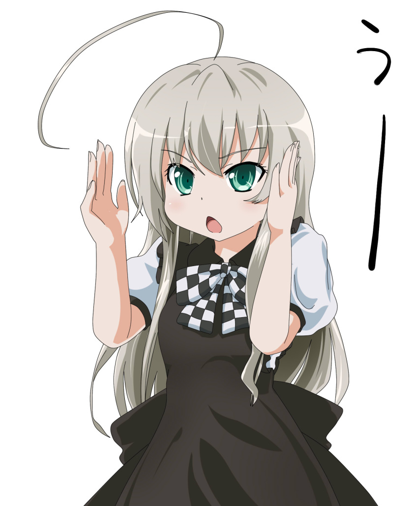 >_<, 1girl, ahoge, checkered, chipika, dress, green_eyes, haiyore!_nyaruko-san