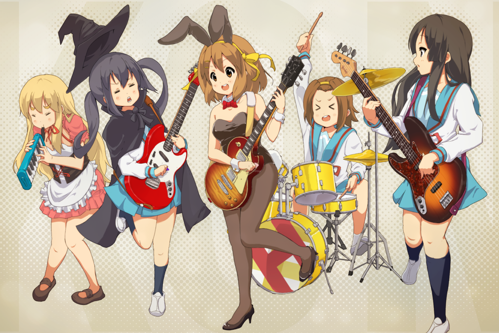 5girls, akiyama_mio, animal_ears, asahina_mikuru, asahina_mikuru_(cosplay), bunnysuit, cape, company_connection