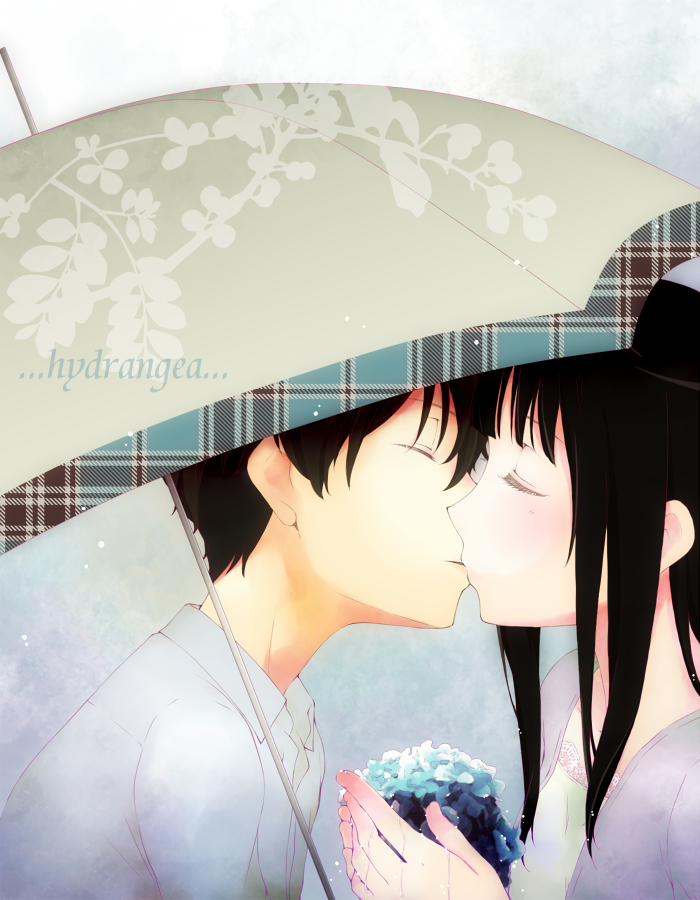 1boy, 1girl, black_hair, chitanda_eru, closed_eyes, flower, holding, holding_flower, hydrangea, hyouka, kiss, long_hair, oreki_houtarou, sagami_gumi, short_hair, umbrella