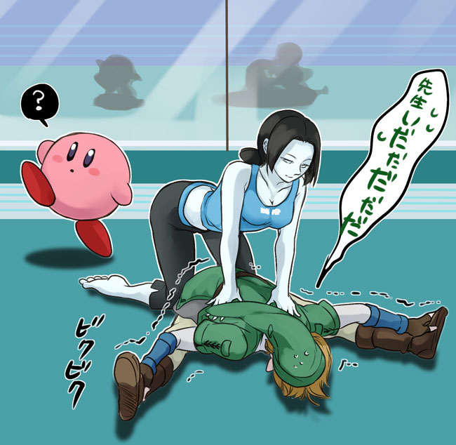 1girl, ?, barefoot, black_hair, blonde_hair, boots, capri_pants, kirby