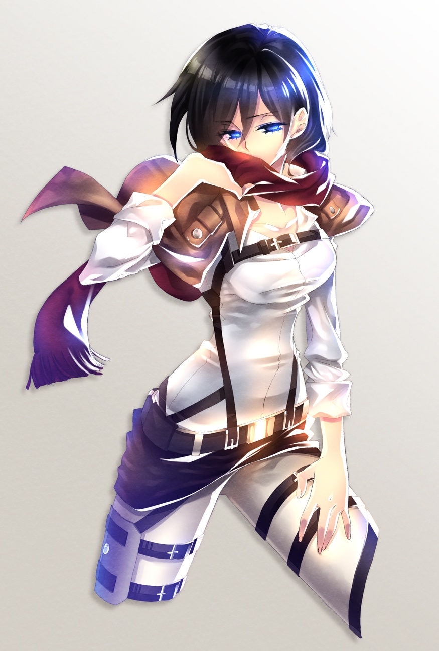 1girl, belt, black_hair, blue_eyes, breasts, buckle, die, hand_on_thigh, highres, jacket, long_sleeves, mikasa_ackerman, pants, scarf, shingeki_no_kyojin, short_hair, solo, thigh_strap
