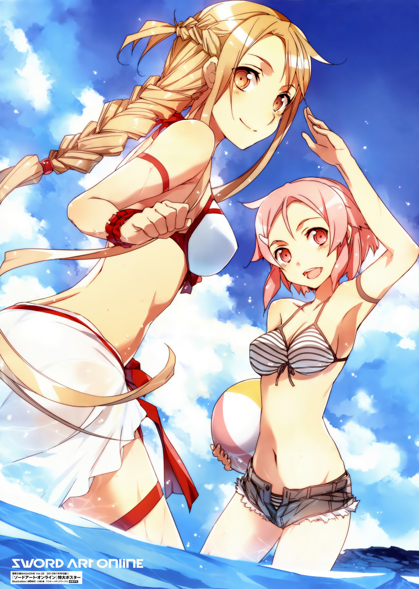 2girls, abec, absurdres, arm_up, armpits, asuna_(sao), ball, bare_shoulders