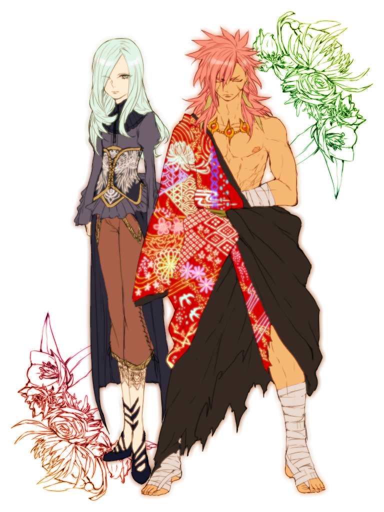 2boys, androgynous, aqua_hair, closed_eyes, corset, flower, garushaa_wolfein, green_eyes