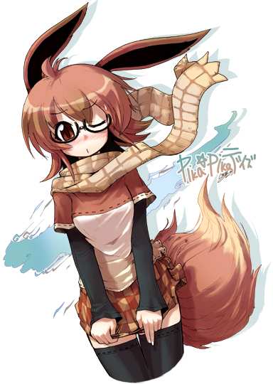 ahoge, animal_ears, black_legwear, blush, brown_eyes, brown_hair, bunnygirl, checkered, costume, eevee, glasses, kronosaurus, miniskirt, nintendo, personification, pokemon, scarf, short_hair, simple_background, skirt, solo, tail, thigh_highs, thighhighs, white_background, wink, zettai_ryouiki