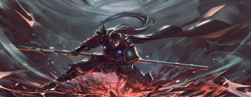 1boy, armor, black_hair, blue_eyes, cabalpz, cape, league_of_legends, long_hair, polearm, ponytail, solo, spear, weapon, xin_zhao