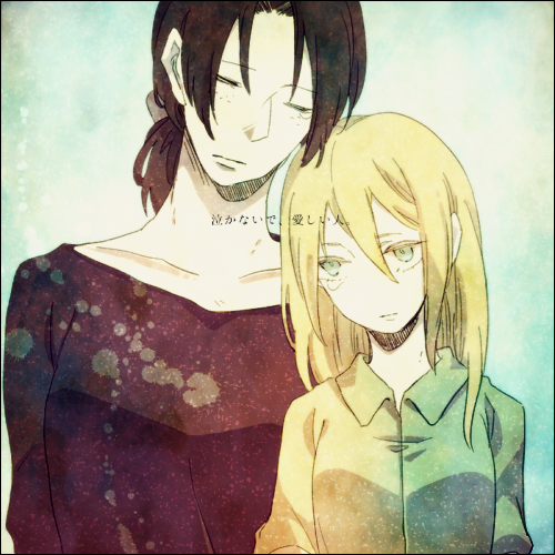 2girls, black_hair, blonde_hair, closed_eyes, dormir06, head_tilt, krista_lenz, lowres