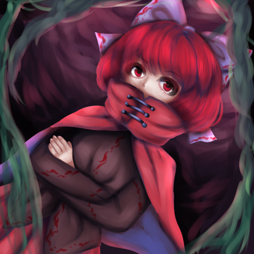 1girl, bow, cape, hair_bow, long_sleeves, nukekubi, red_eyes, redhead, sekibanki, short_hair, skirt, solo, touhou, trish_(muffinice)