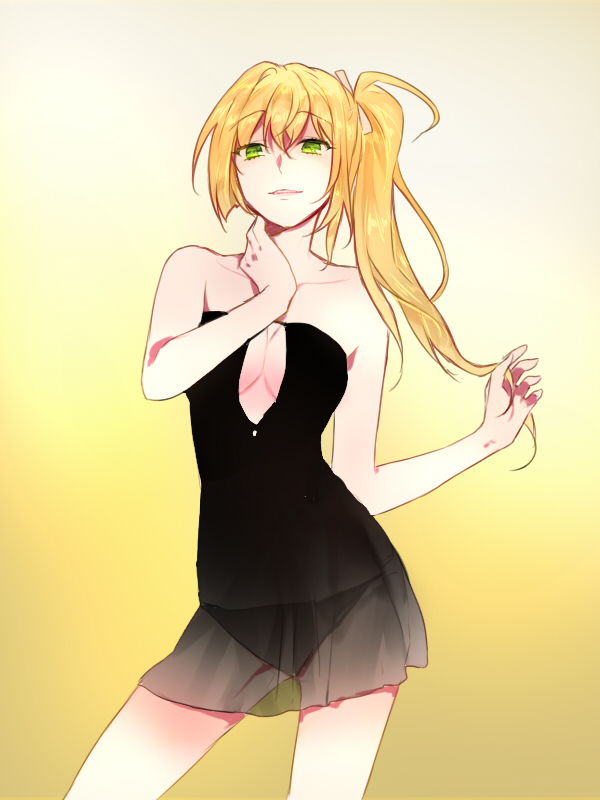 1girl, bare_shoulders, black_panties, blonde_hair, breasts, cleavage, cleavage_cutout, collarbone