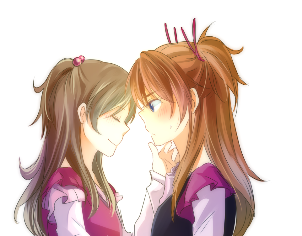 2girls, blue_eyes, blush, brown_hair, bust, chin_grab, closed_eyes, couple