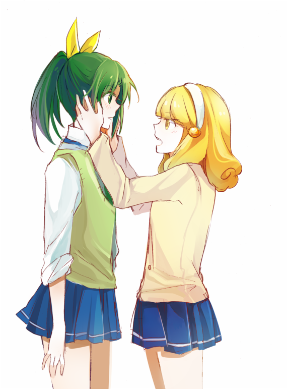 2girls, blonde_hair, blush, cardigan, eye_contact, green_eyes, green_hair, hands_on_another's_cheeks