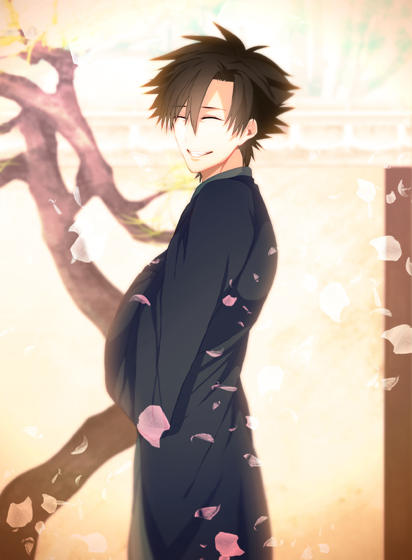 1boy, ^_^, black_hair, cherry_blossoms, closed_eyes, emiya_kiritsugu, fate/stay_night, fate_(series)