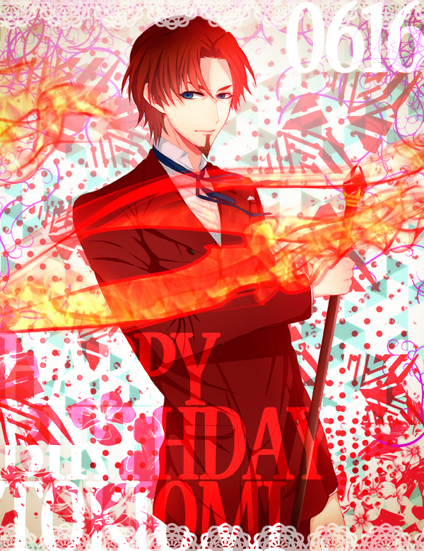 1boy, birthday, blue_eyes, brown_hair, facial_hair, fate/zero, fate_(series), formal