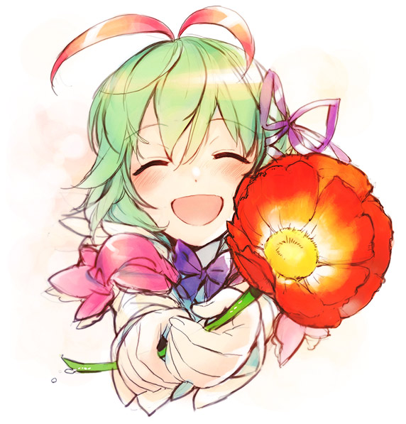 1girl, ^_^, akiyoshi_haru, antennae, blush, bowtie, closed_eyes, fingernails