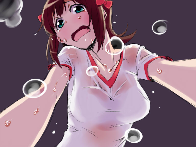 1girl, amami_haruka, blush, breasts, brown_hair, green_eyes, hair_ribbon, idolmaster