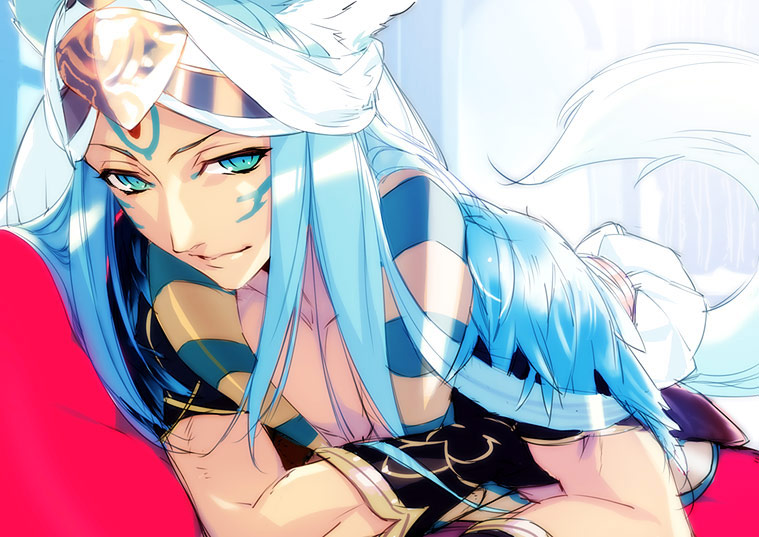 1boy, akiyoshi_haru, animal_ears, blue_eyes, blue_hair, chest, facial_mark, gloves