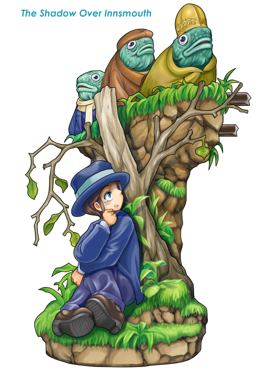 1girl, blue_eyes, brown_hair, copyright_name, cthulhu_mythos, deep_one, faux_figurine, formal, genderswap, hat, hiding, highres, kyurien_(noise), monster, protagonist_(shadow_over_innsmouth), revision, scarf, solo, suit, tears, the_shadow_over_innsmouth