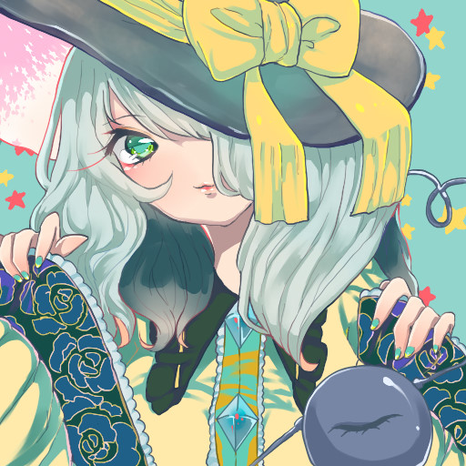 1girl, dress, floral_print, green_eyes, grey_hair, hair_over_one_eye, hat, komeiji_koishi