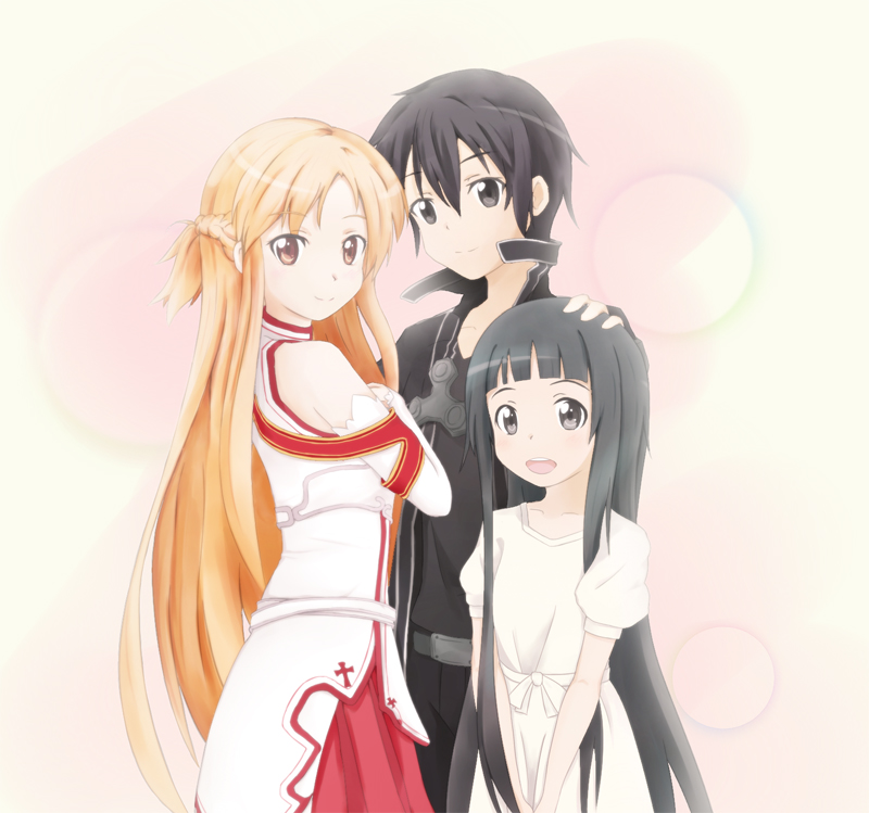 1boy, 2girls, asuna_(sao), black_eyes, black_hair, brown_eyes, brown_hair, chrisebi