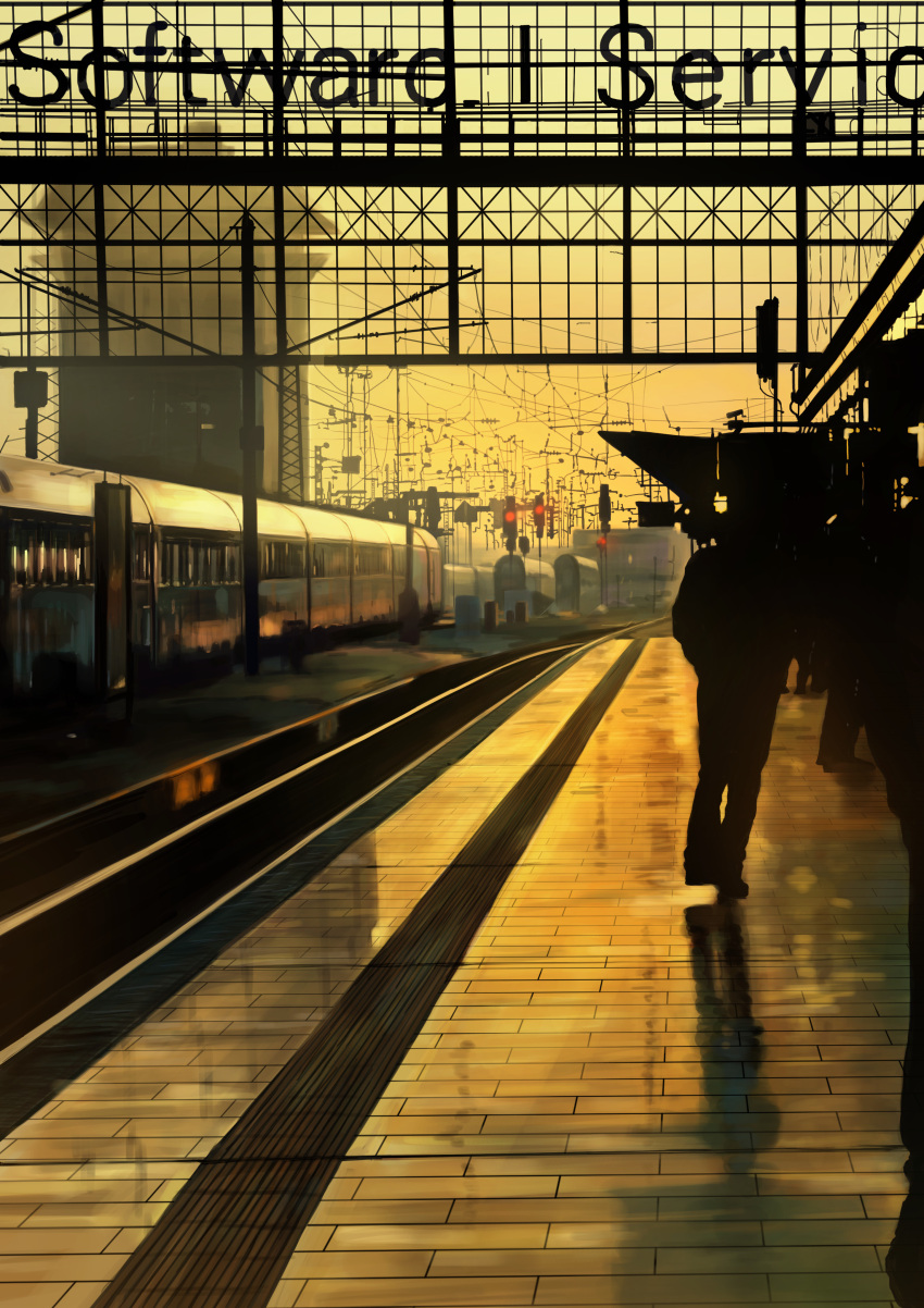 absurdres, building, english, gd._fengzi, highres, railroad_tracks, silhouette, traffic_light