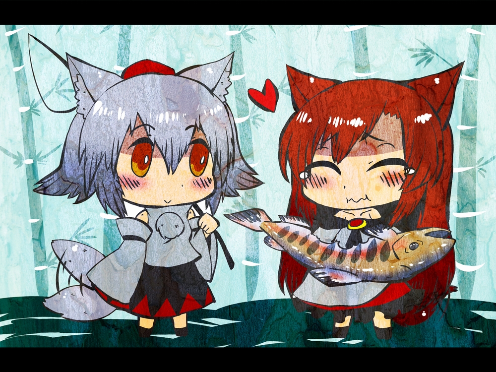 2girls, :>, animal_ears, bamboo, bamboo_forest, bare_shoulders, blush, brooch