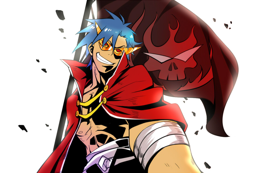 1boy, blue_hair, cape, flag, grin, kamina, kamina_shades, raki-r-isis, sarashi, shirtless, smile, solo, sunglasses, tattoo, tengen_toppa_gurren_lagann