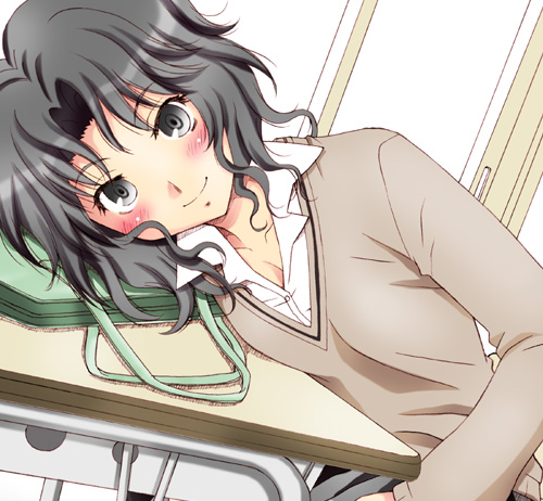 1girl, amagami, blush, desk, lowres, lying, maimai, open_collar