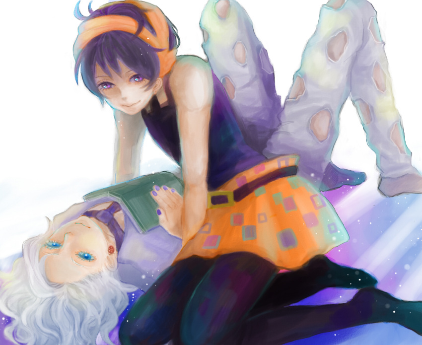 2boys, black_hair, blue_eyes, earrings, headband, jewelry, jojo_no_kimyou_na_bouken, multiple_boys, narancia_ghirga, pannacotta_fugo, tano1192, violet_eyes, white_hair