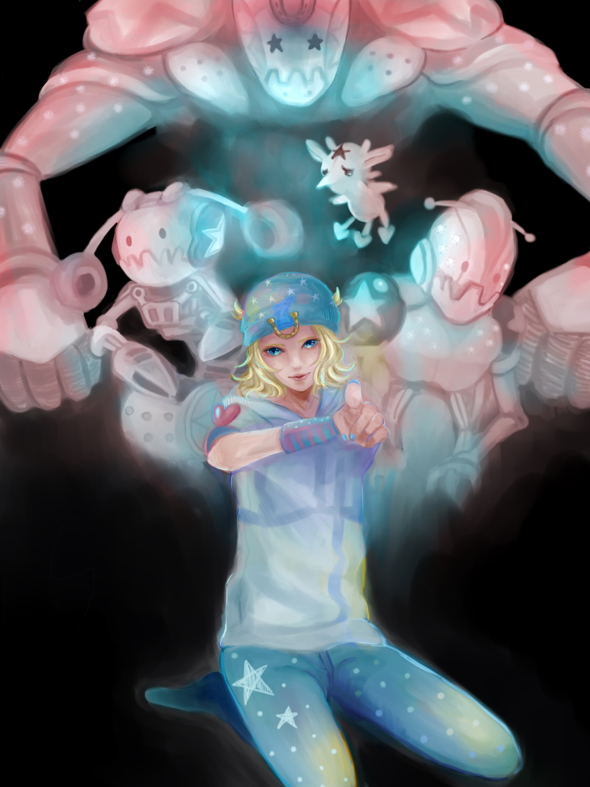 1boy, absurdres, blonde_hair, blue_eyes, hat, highres, horseshoe, johnny_joestar, jojo_no_kimyou_na_bouken, kneeling, multiple_persona, pointing, stand_(jojo), steel_ball_run, tano1192, tusk_(stand)
