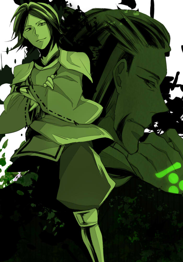 2boys, command_spell, fate/zero, fate_(series), matsunaga_hisahide, monochrome, mouri_motonari, multiple_boys