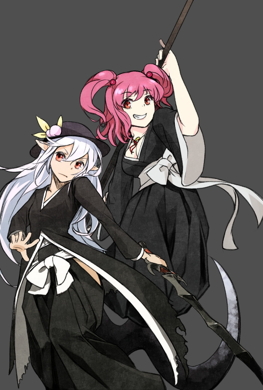 2girls, bleach, bou_y, breasts, cleavage, coin, food, fruit, grey_hair, hair_bobbles, hair_ornament, hat, highres, hinanawi_tenshi, japanese_clothes, jewelry, long_hair, multiple_girls, necklace, onozuka_komachi, peach, pointy_ears, red_eyes, redhead, scythe, short_hair, short_twintails, smile, sword, torn_cloth, touhou, twintails, weapon