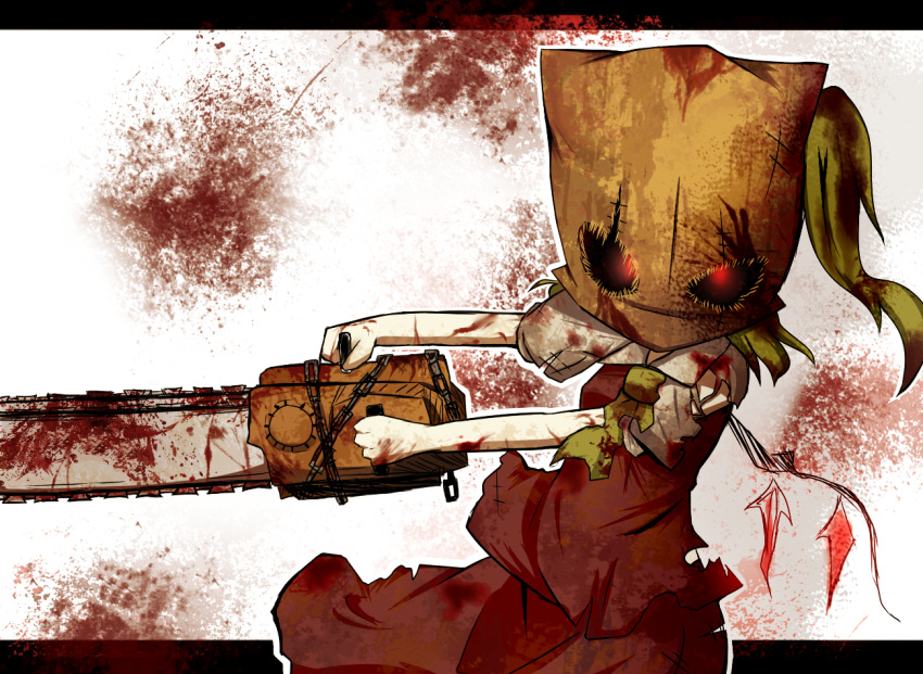 1girl, bag_over_head, blonde_hair, blood, bloody_clothes, chainsaw, flandre_scarlet, gaius_(nikoniko2)