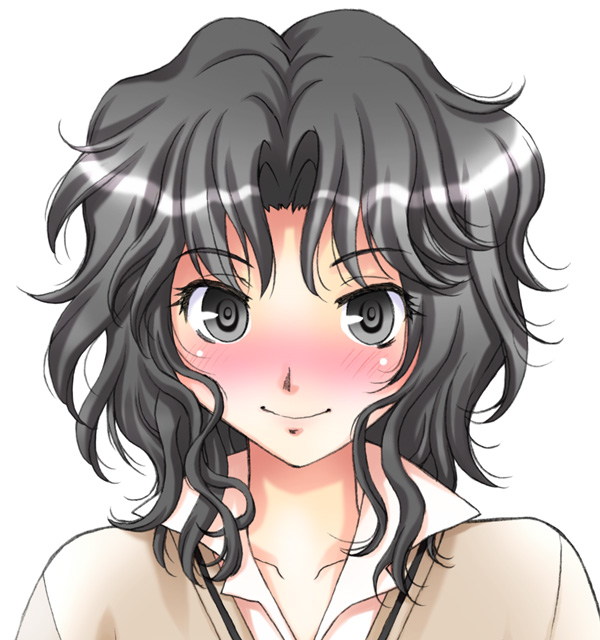 1girl, amagami, black_hair, blush, bust, maimai, messy_hair, open_collar