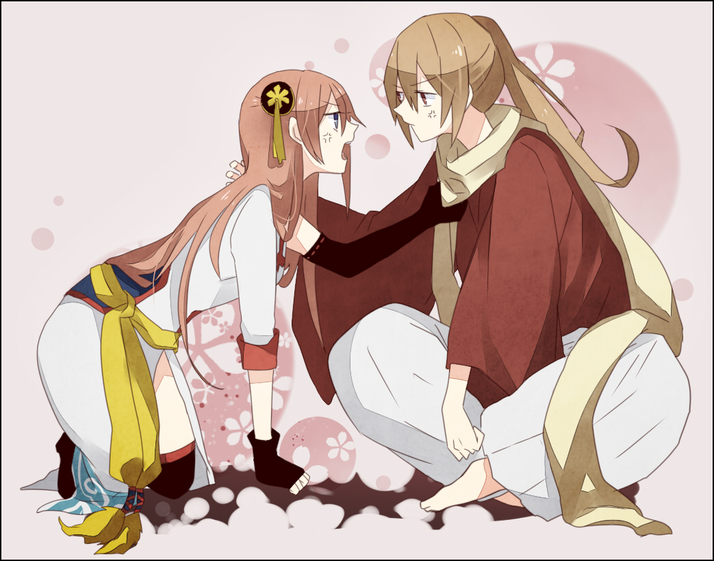 1boy, 1girl, anger_vein, barefoot, brown_hair, bun_cover, fingerless_gloves, gintama