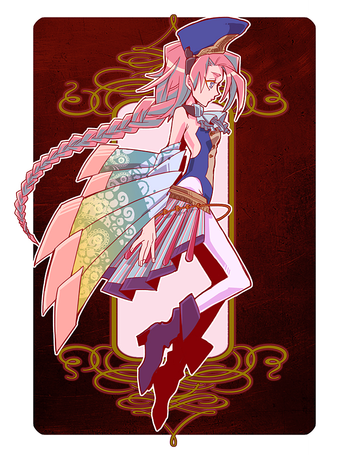 1girl, bare_shoulders, blue_eyes, boots, braid, braided_hair, hat, high_heels